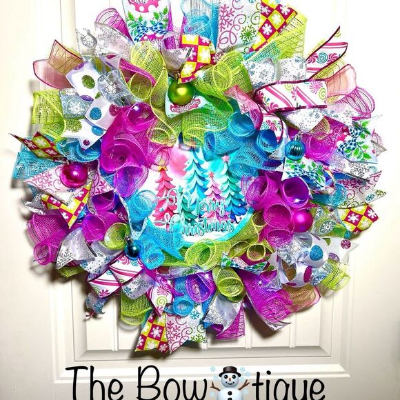 Handmade Bright Merry Christmas Holiday Ribbon Door Wreath 22 ins W54 Pink Blue - Picture 1 of 9